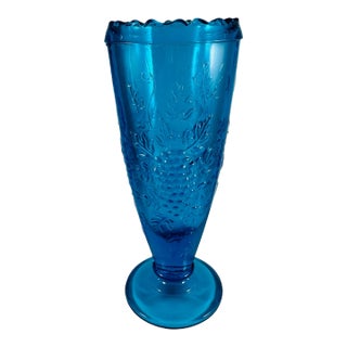 Vintage Westmoreland Blue Glass Panel Grape Footed Vase For Sale