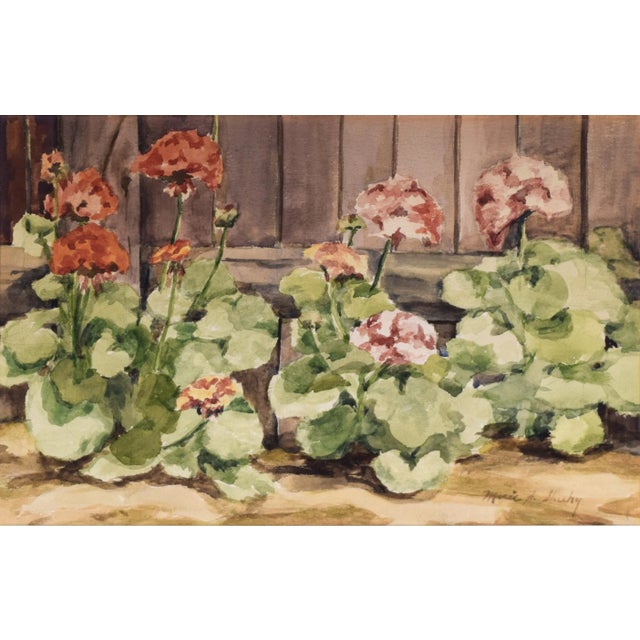 Realism Vintage Watercolor Painting of Flowers Along a Fence by Marie Sheehy Walker For Sale - Image 3 of 6
