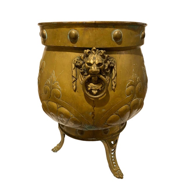 Late 19th Century Rare, Large Antique English Jardinière With Brass Etchings and Lion Heads For Sale - Image 5 of 13