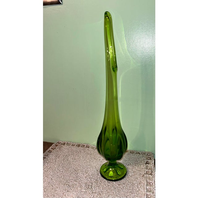 Mid-Century Modern Mid Century Viking Style Swung Glass Vase Chartreuse to Emerald Green Pedestal Art Glass 13.5” For Sale - Image 3 of 6