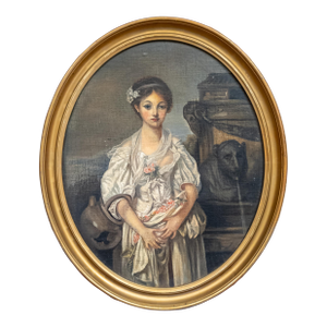 19th Century European Italian Painting of a Tragic Sad Young Lady