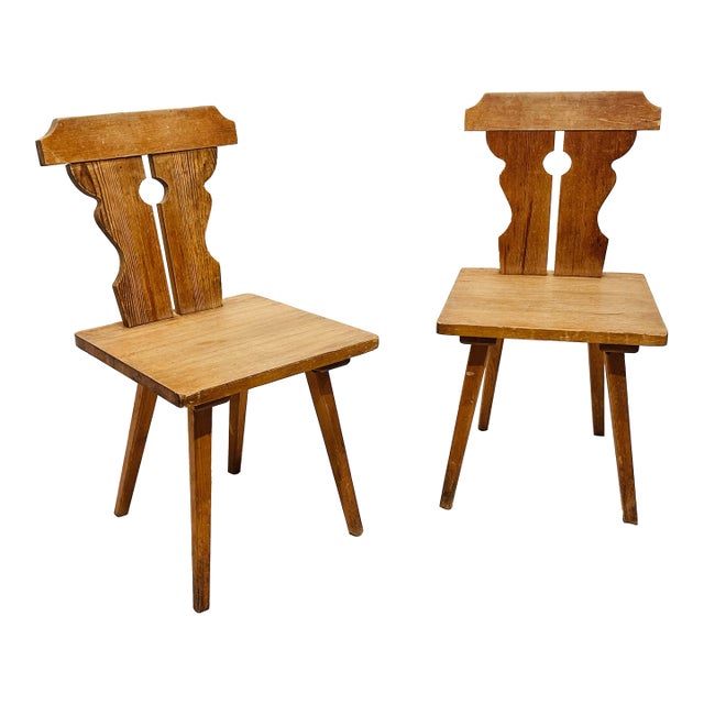 Pair Antique Swedish Brettstuhl Pine Chairs For Sale