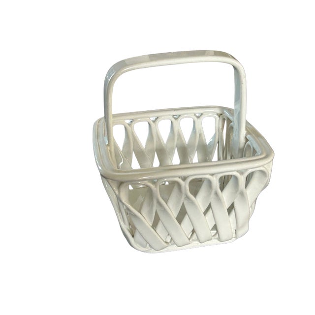 Mid 20th Century Vintage White Italian Ceramic Open Weave Basket With Handle – Made in Italy For Sale - Image 5 of 7