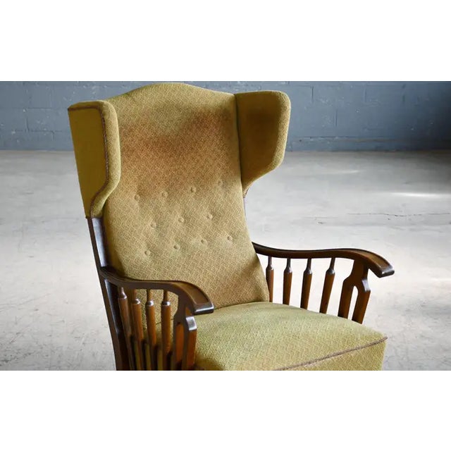 Danish Modern 1950s Highback Lounge Wing Chair With Wooden Armrests For Sale - Image 4 of 8