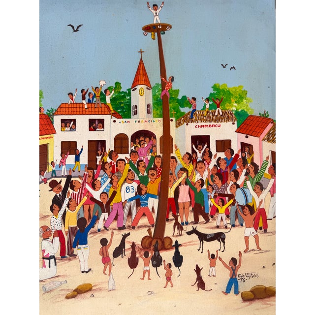 Abstract 1970 Vintage Spanish Folk Carnival Oil on Canvas Painting by Fidel Fontalvo For Sale - Image 3 of 10