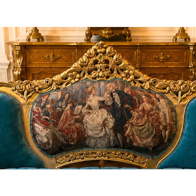 1900s French Louis XVI Blue/Green/Teal Velvet Sofa Set-5 Pc For Sale - Image 14 of 18