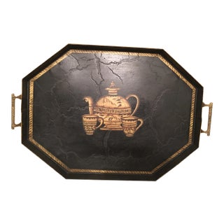 Hand-Painted Tea Cup Design Black Tole Tray For Sale
