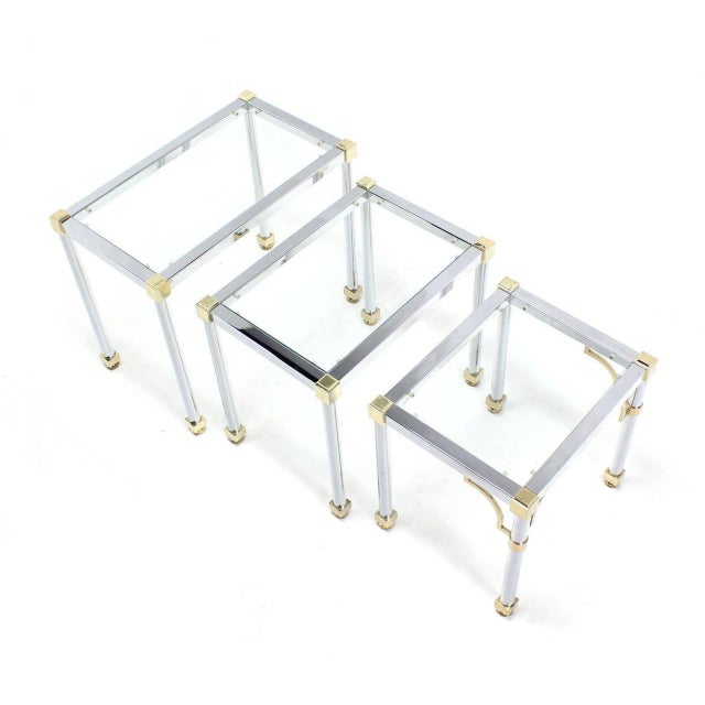Maison Jansen Set of 3 Chrome and Brass Metal Glass Top Nesting Side End Occasional Tables For Sale - Image 4 of 9