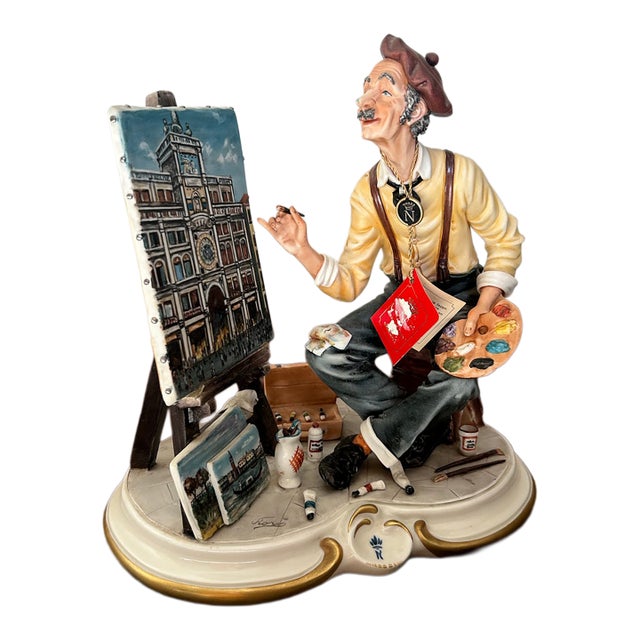 Vintage Signed Rori Capodimonte Figurine Painter at Easel Venice Torre Dell Orologio La Medea Italy Flawless With Tag For Sale
