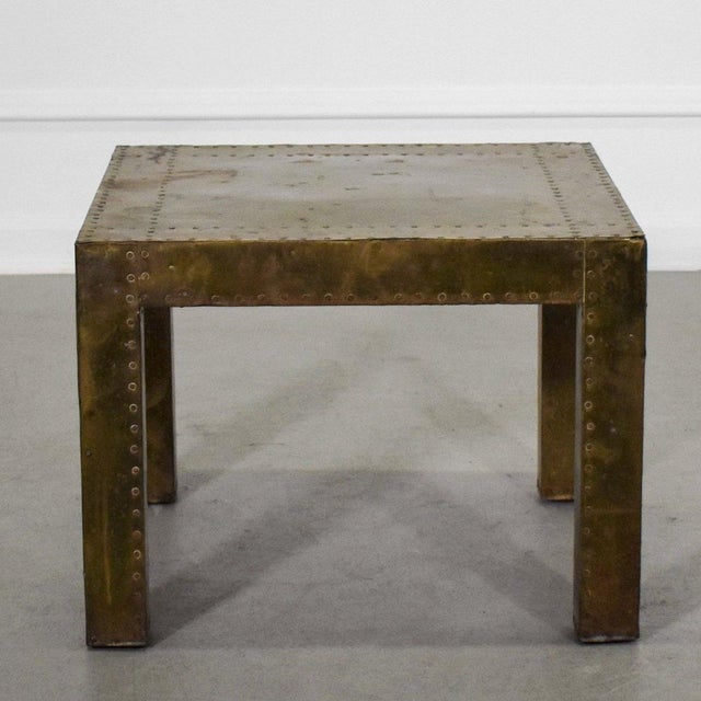 1970's Brass-Clad Riveted Sarried Style Parsons Occasional Table For Sale In Tampa - Image 6 of 8