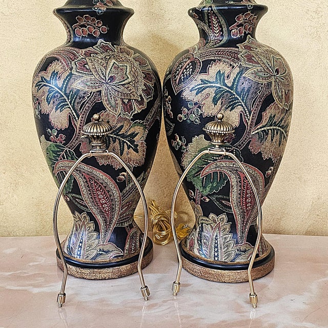 Metal Pair of Bradburn Gallery Hand-Painted Floral Ceramic Table Lamps With Shades For Sale - Image 7 of 18