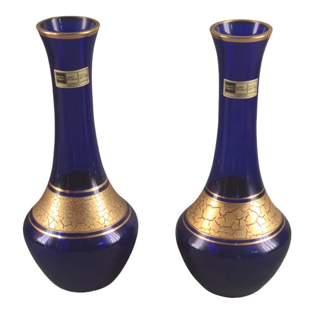 Vintage Barth-Mann Pair Crystal Art Deco Blue Glass Crackle Gold Vases Germany For Sale