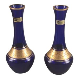 Vintage Barth-Mann Pair Crystal Art Deco Blue Glass Crackle Gold Vases Germany