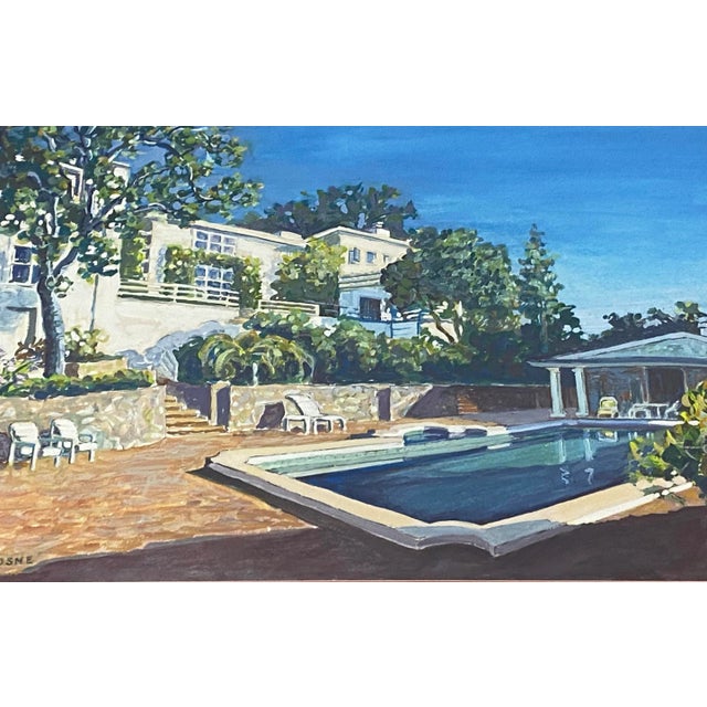 Vintage "Backyard Pool" Original Gouache Painting by Dosne Original gouache on paper Dimensions 15" wide x 10" high The...