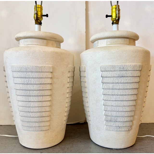 Pair of Handmade Heavily Textured Plaster Table Lamps From 80's For Sale - Image 4 of 7