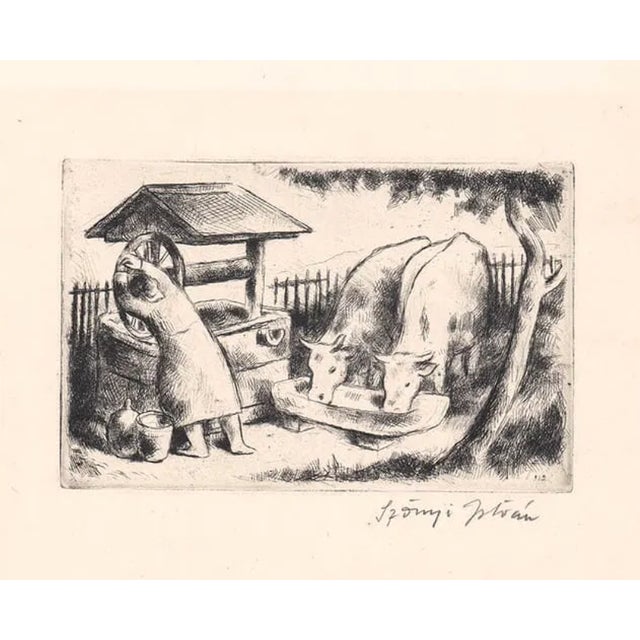 István Szőnyi (Hungarian 1894-1960) ethoing on paper of a woman watering cows from a well, pencil signed. Combined...