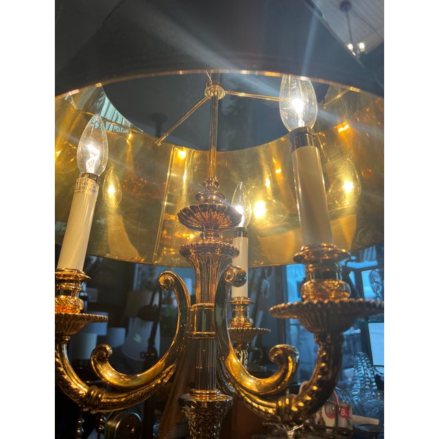 Bouillotte Style Lamp in a Gold Detail Scroll Triple Arm Design with Marble Base and a Black Metal Shade with a Golden...