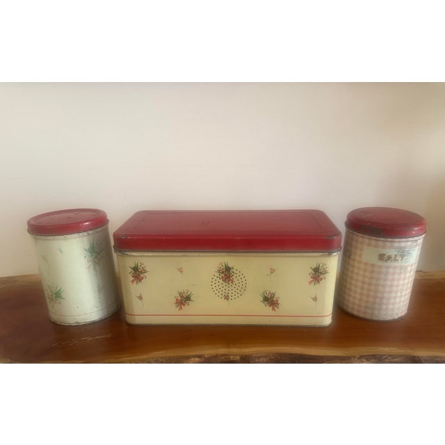 Vintage Mid-Century Floral Tin Bread Box With Red Lid For Sale - Image 4 of 6
