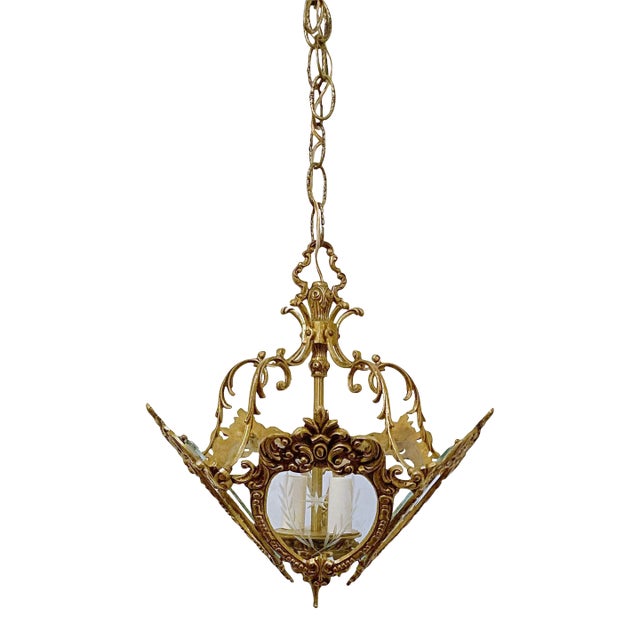 1930s Vintage Bronze Lantern With Etched Glass Panels For Sale