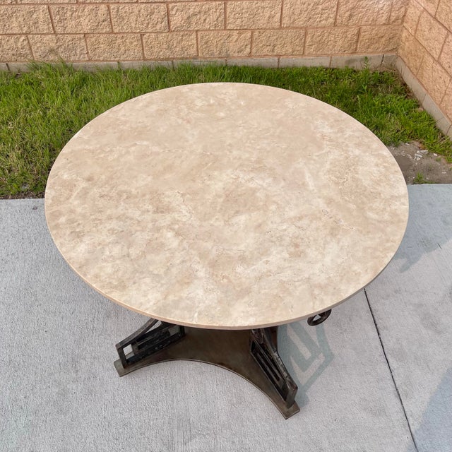 Hollywood Regency Steel and Travertine Greek Key Center or Dining Table For Sale - Image 3 of 8