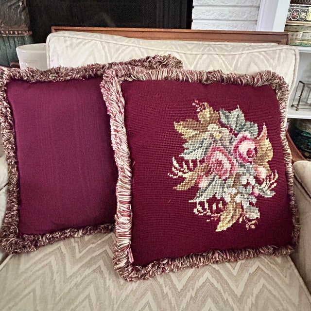 Vintage Burgundy Floral Needlepoint Pillows With Silk Backs, Pair For Sale - Image 10 of 10