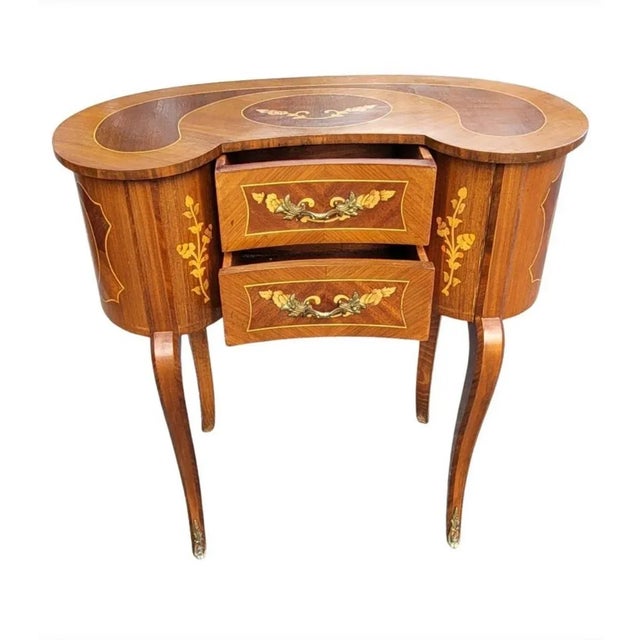 1940s Two-Drawer Continental Marquetry Mahogany Kidney Dressing Table For Sale - Image 10 of 11