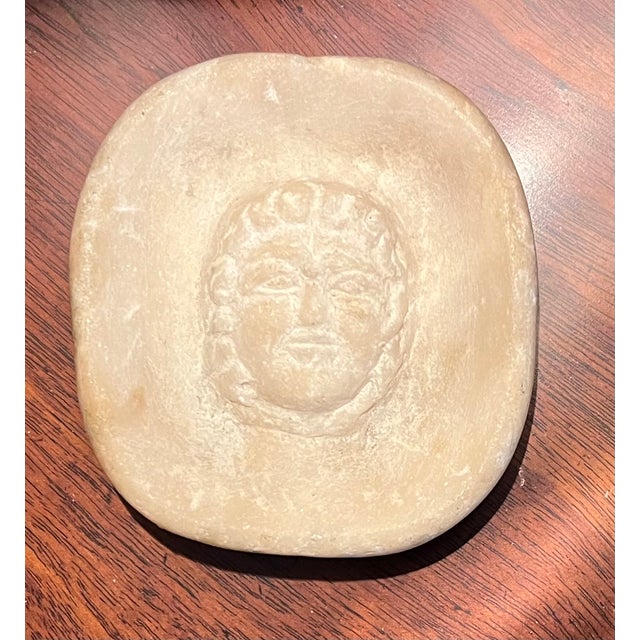 White Antique 19th Century Italian Grand Tour Carved White Marble Shallow Vide Poche Dish or Paperweight With Mask Figure For Sale - Image 8 of 16