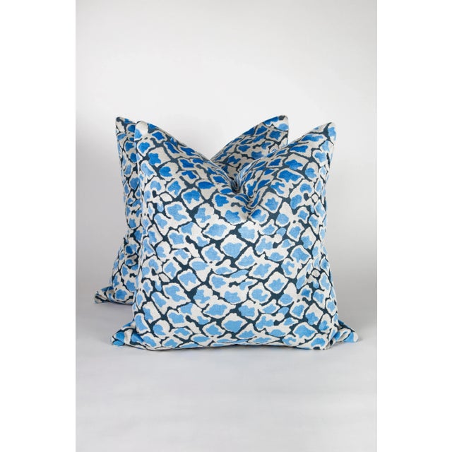 Contemporary !24" X 24" Pair of Designer Pillows in Blue Velvet With Snakeskin Animal Print Pattern For Sale - Image 3 of 7