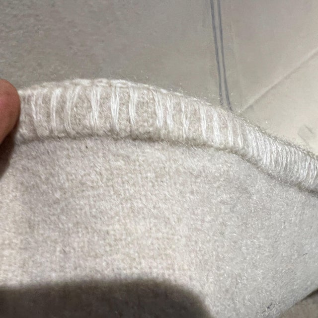 Mid 20th Century 1950s Vintage All Wool Blanket Off White Center Blue Stripe For Sale - Image 5 of 6