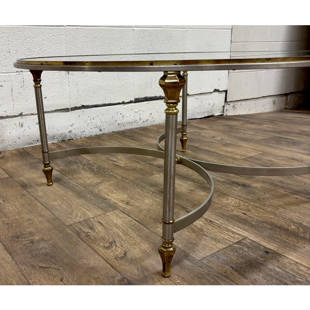 Vintage MCM Round Chrome or Pewter, Brass, and Glass Coffee Table Cocktail Table For Sale - Image 4 of 10