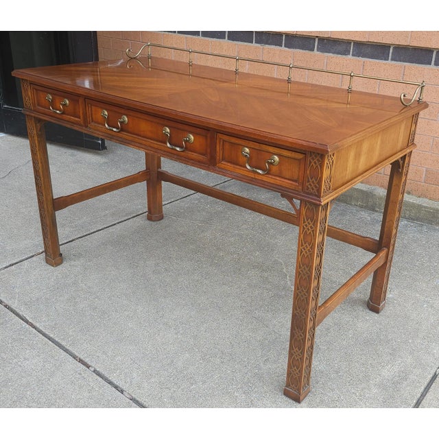 Henkel Harris Moore George III Style Blind Fretwork Mahogany Table Desk With Gallery For Sale In Washington DC - Image 6 of 9