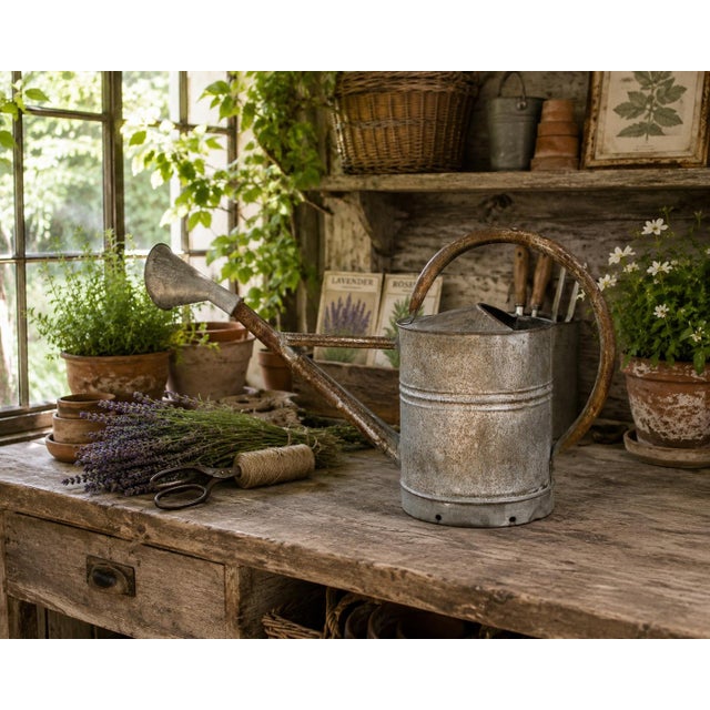 A beautifully weathered galvanized steel watering can dating to the 1940s, featuring a gracefully arched copper handle,...