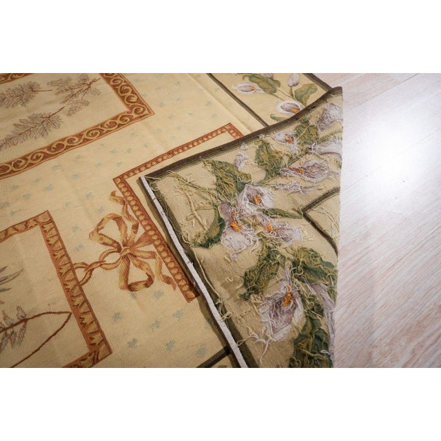 Ivory 8x10 Vintage Aubusson Flat Weave Wool Rug, Ivory Botanical Panel For Sale - Image 8 of 13