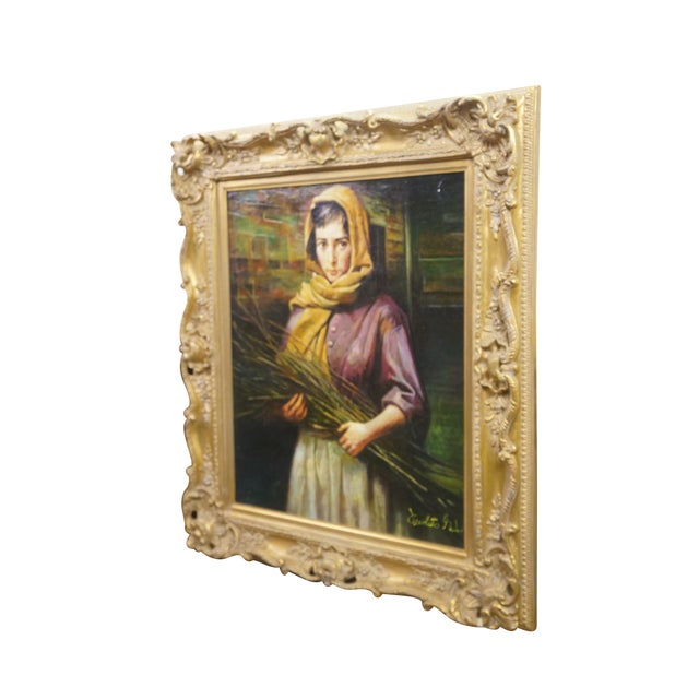 Vintage oil painting on linen titled Gathering Twigs, after Morgan Weistling. Ornate gold resin frame with pierced...