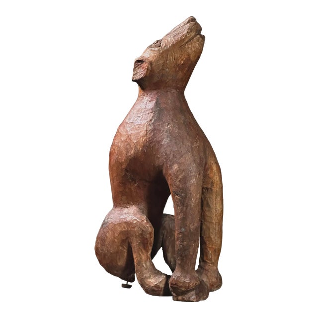 Antique Hand Carved Folk Art Howling Dog Sculpture For Sale
