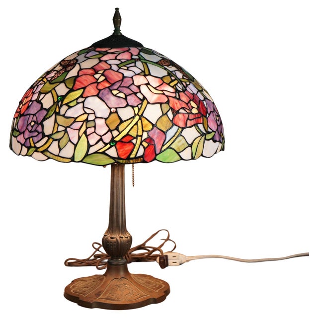Tiffany Style Stained Glass Table Lamp with Dome Form Shade having Floral Pattern with Butterflies & Triple Socket Base...