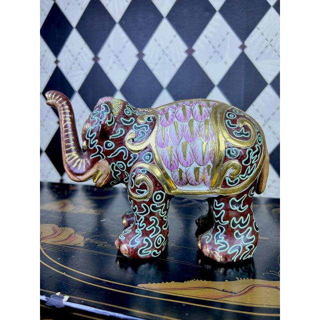 1980's Pair Decorative Ceramic Elephant Figurines in Burgundy, Pink & Gold Chinoiserie, Export Marks For Sale - Image 12 of 16