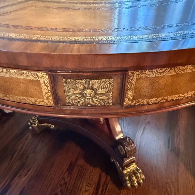 Maitland Smith Brass Mounted Mahogany and Leather Drum Table English Regency style mahogany drum table with embossed...
