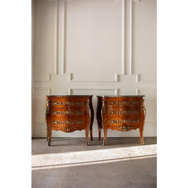 Pair Vintage French Louis XV Bombé Chests, Marble Top Commode Nightstands For Sale - Image 18 of 18