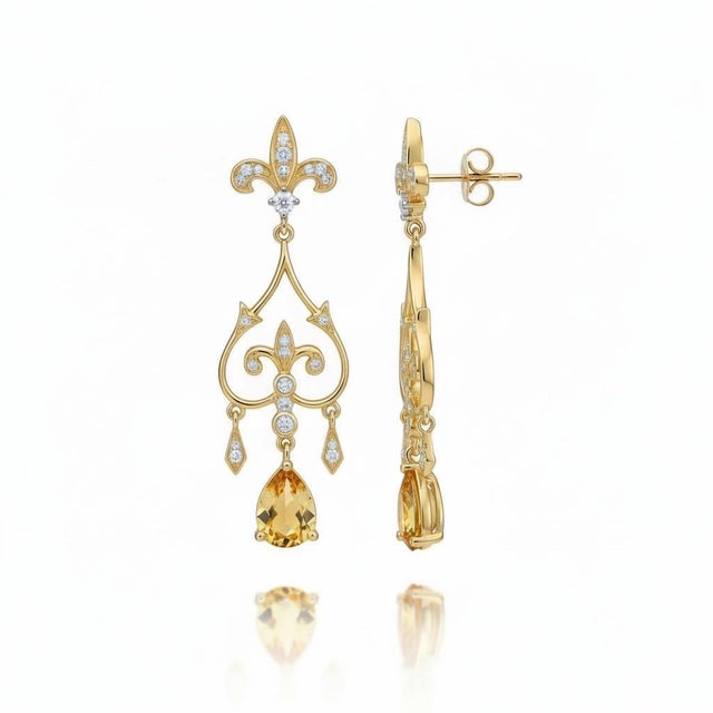 Fleur De Lis Chandelier Earrings Studs With Citrine in Silver, Gold, A Pair For Sale - Image 4 of 6