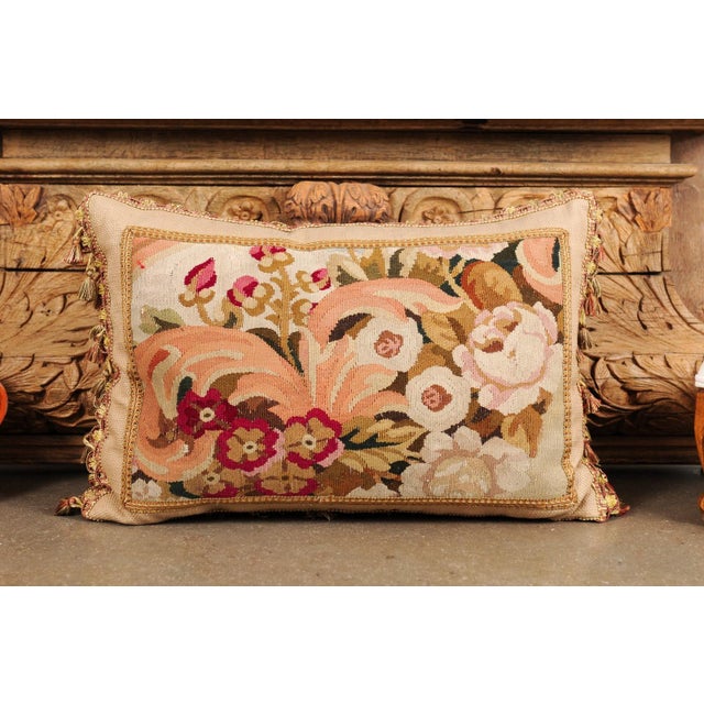 19th Century Pillow Made from a 19th Century French Tapestry with Floral Décor and Tassels For Sale - Image 5 of 12