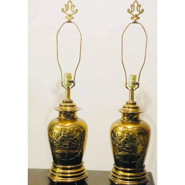 1990s Chinese Chinoiserie Style Etched Glass Lamps - a Pair For Sale - Image 9 of 9