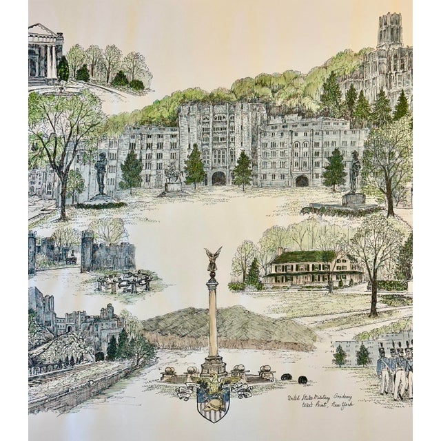 Illustration 1980s U.S. Military Academy West Point Campus Print by Liz Bryant – Hand-Colored Architectural Illustration, 24” X 18” For Sale - Image 3 of 3