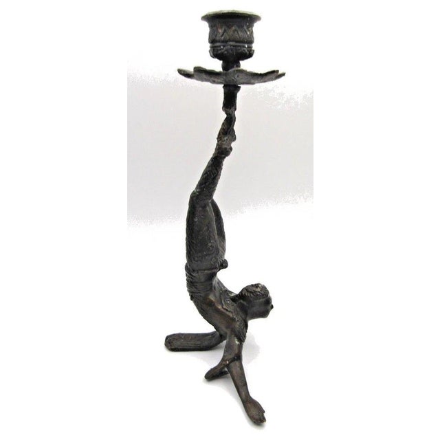Black Matched Pair of Vintage Boho Patinated Bronze Acrobat Candle Holders For Sale - Image 8 of 16