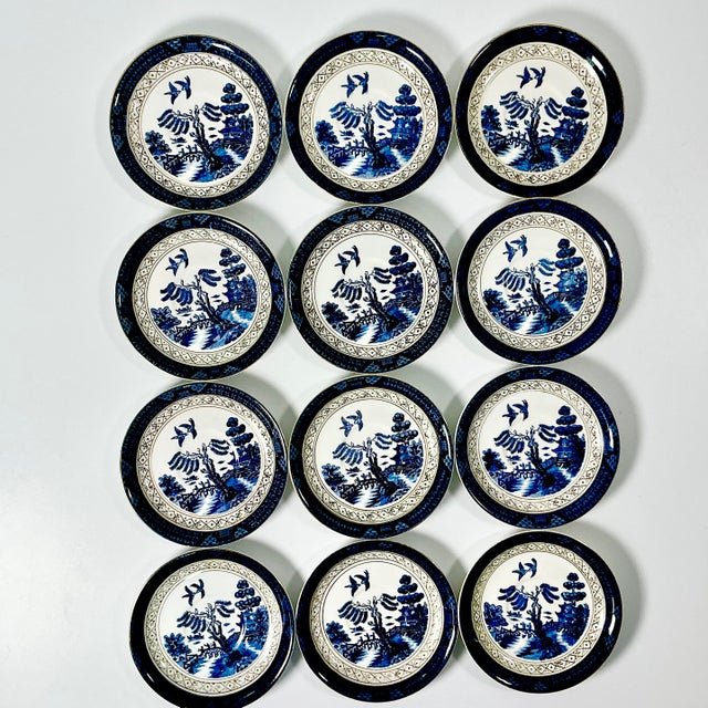 1940s Vintage Japanese Chinoiserie Hollywood Regency Blue Willow Small Plates - Set of 12 For Sale - Image 4 of 13