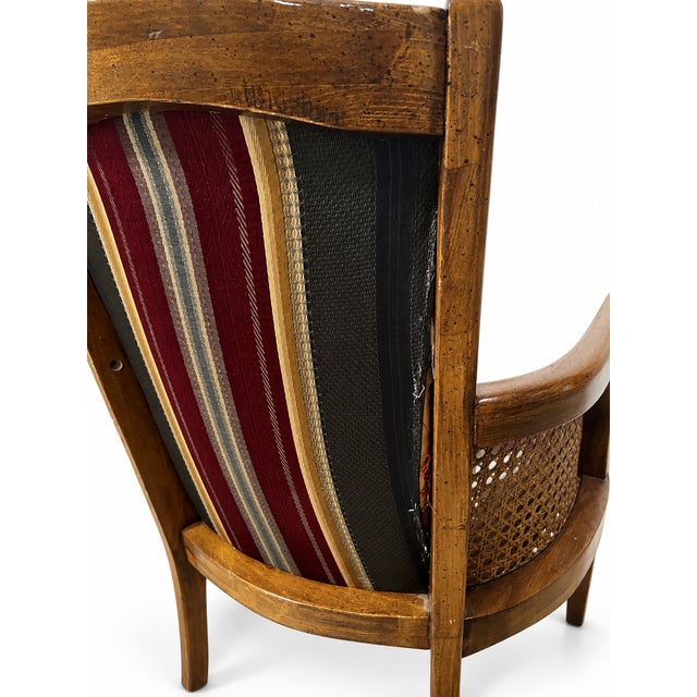 Vintage French Provincial Cane and Striped Upholstered Armchairs — Pair For Sale - Image 9 of 11