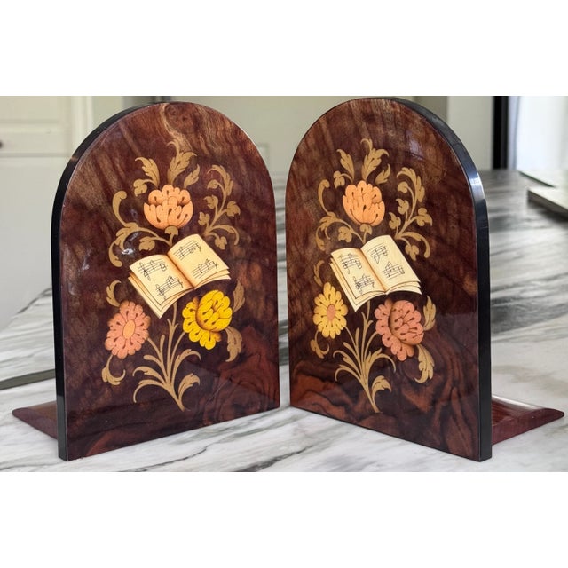LastChance!Italian Floral Inlay Music Book Motif Book Ends - A Pair Made in Italy For Sale - Image 9 of 9