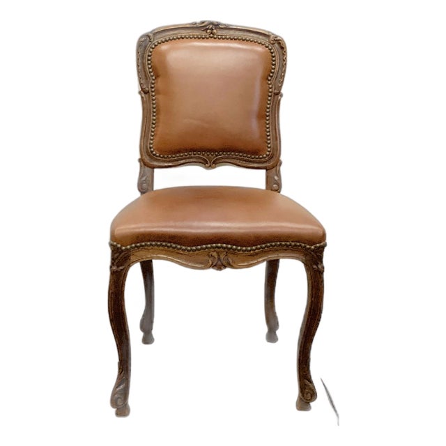18th C Hand Carved Oak French Chair. Upholstered in Carmel Leather W Nailhead Trim. 8 Available. For Sale