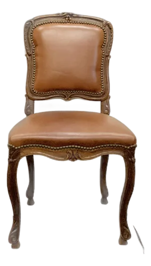 18th C Hand Carved Oak French Chair. Upholstered in Carmel Leather W Nailhead Trim. 8 Available.