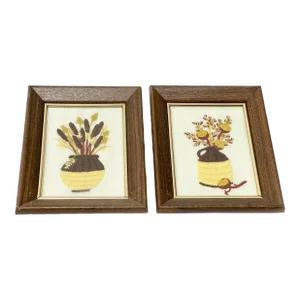 1970's Hand Stitched Crewel Embroidery Framed Artworks - Set of Two